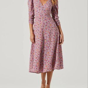 - Astor PUFF SLEEVE V NECK BACK CUTOUT MIDI DRESS